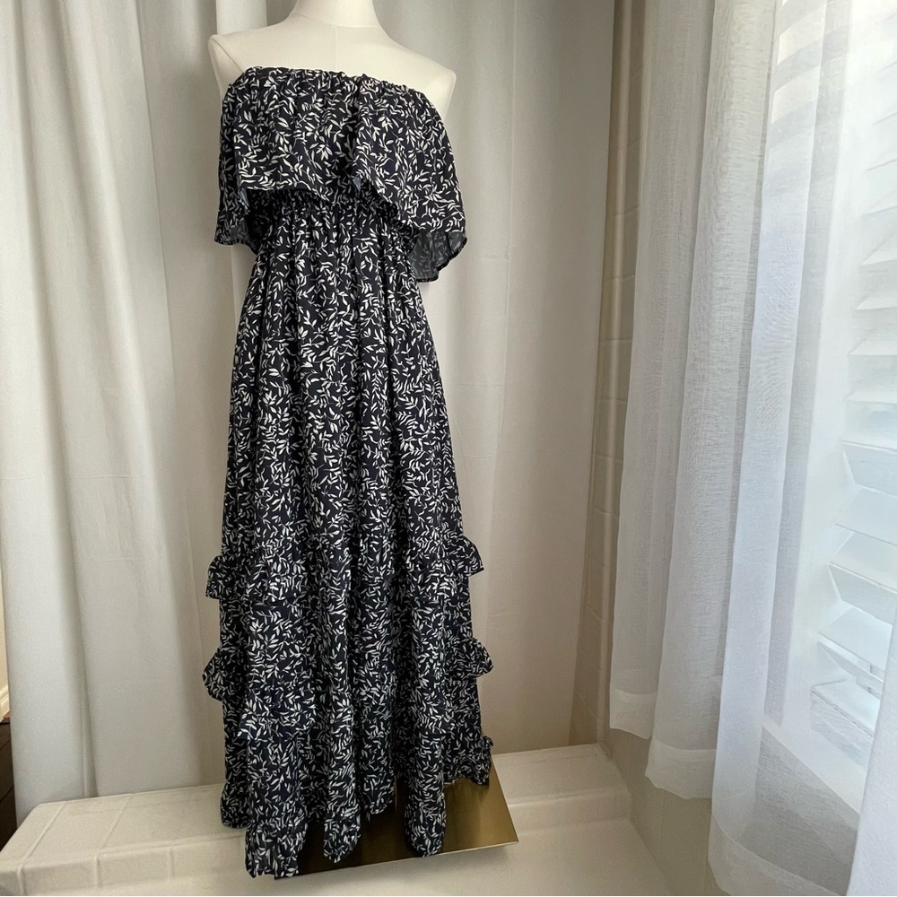 NWT Elegant Navy Blue Floral Sleeveless Strapless Tiered Dress Ankle Length
